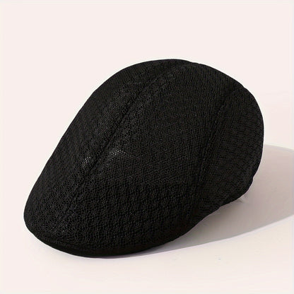 Lightweight Breathable Mesh Beret Hat - Adjustable, Solid Black, Funky Style Polyester Painter Cap for Outdoor Activities