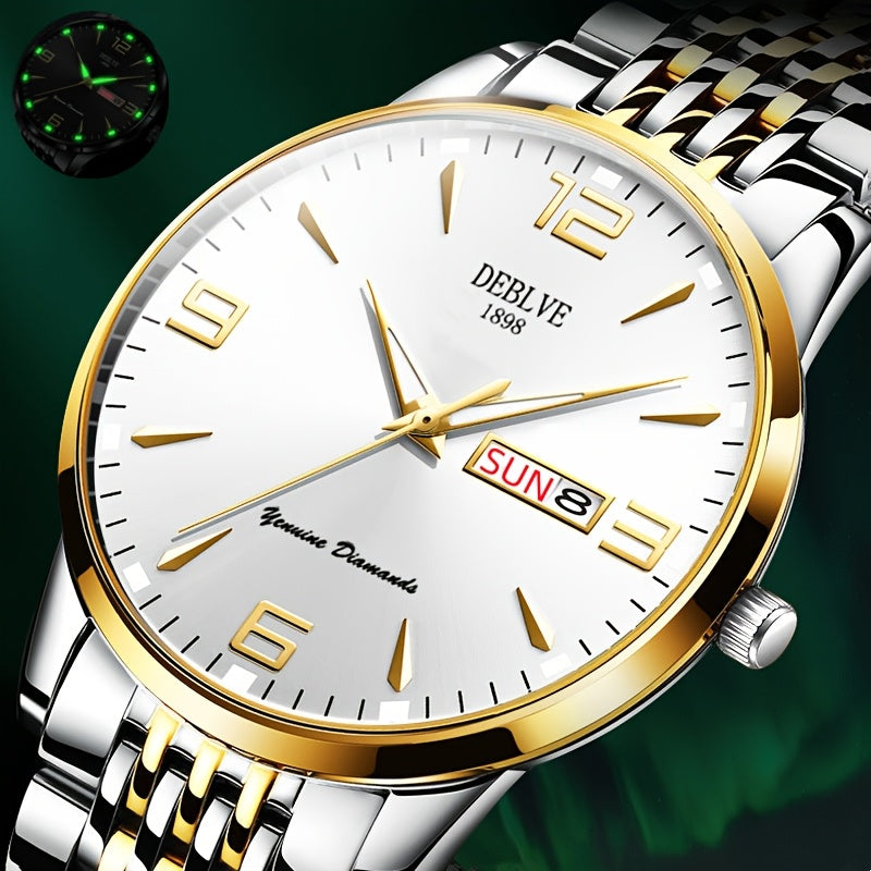 DEBLVE Men's Sleek Business Watch - Ultra-Thin Alloy, Luminous Hands, Calendar & Week Display, Waterproof, Sporty Steel Strap with Secure Clasp