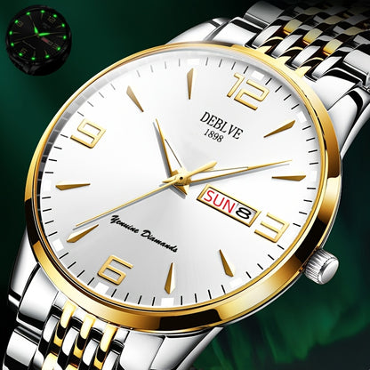 DEBLVE Men's Sleek Business Watch - Ultra-Thin Alloy, Luminous Hands, Calendar & Week Display, Waterproof, Sporty Steel Strap with Secure Clasp