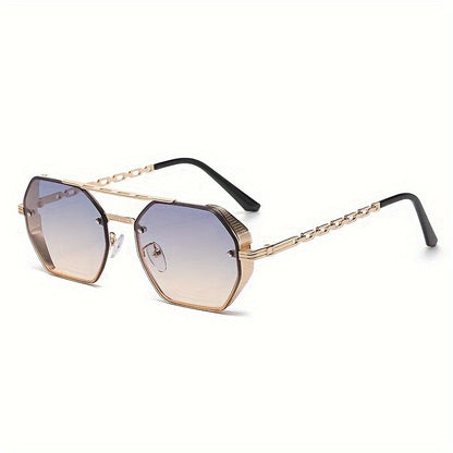 1pc Stylish Polygonal Golden Frame Fashion Glasses with Chain Link Design - Black Metal Fashion Glasses for Fashion-Forward Look