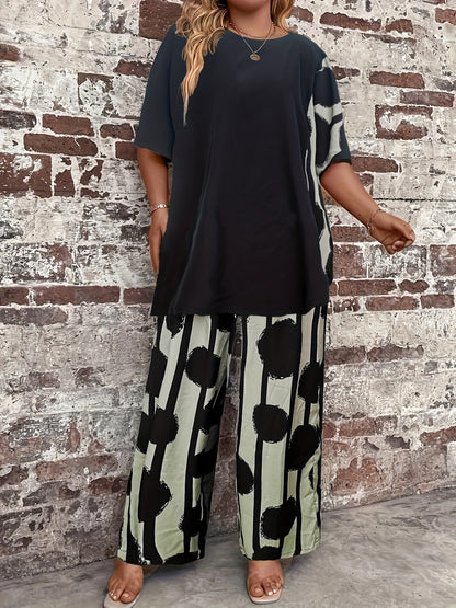 Plus Size Women'S Black Printed Sweater Set - Casual Long Sleeve Pullover with "LOVE" Design, Wide Leg Pants, Non-Stretch Fabric, Perfect for Fall & Winter, Autumn Winter Wear|Casual Style|Comfortable Fit