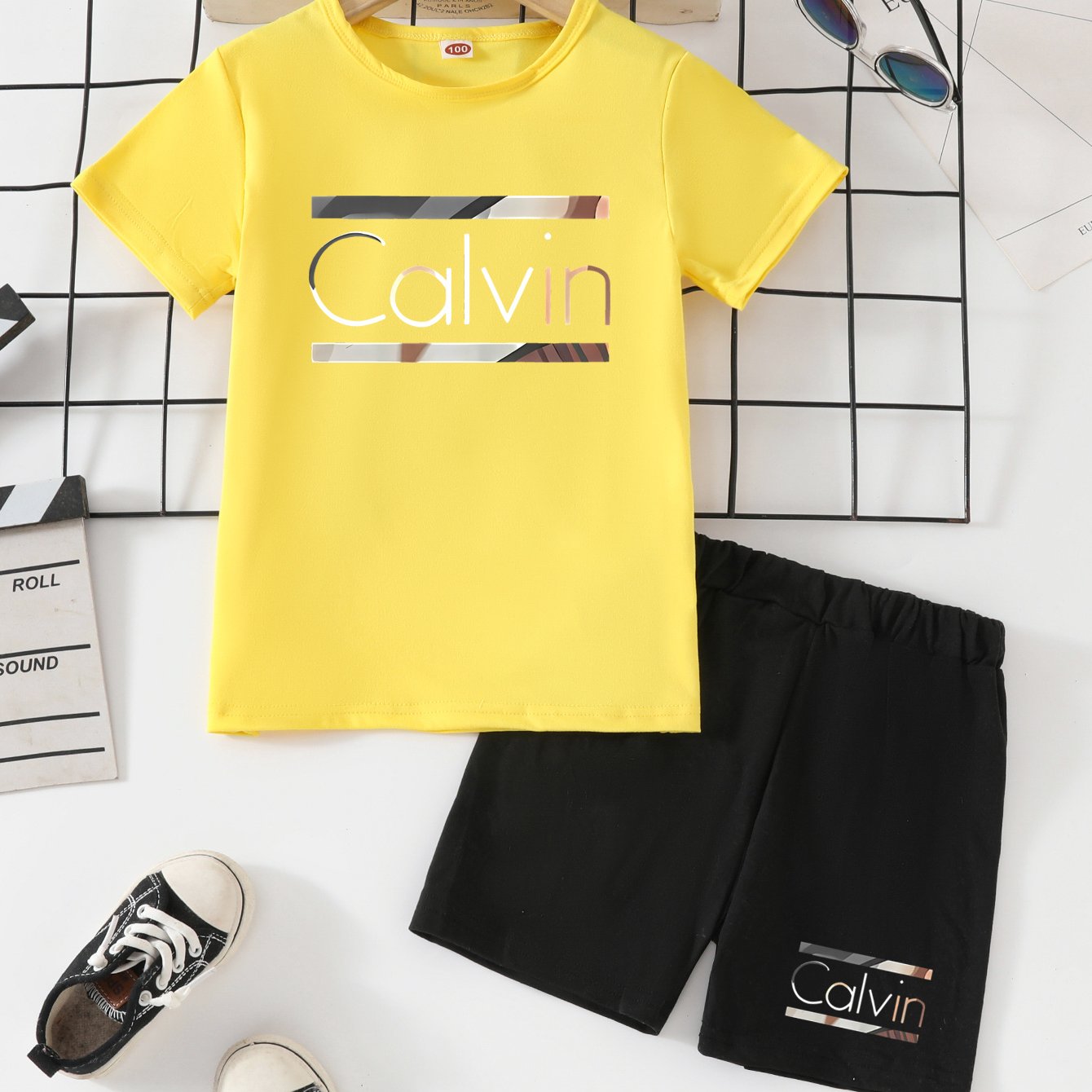 2pcs - Youngsters' Short Sleeve Shorts Set - Street Style Casual "Calvin" Letter Print, Vibrant Design - Summer Outdoor Outfit, Polyester Fabric, Comfortable for All Seasons, Daily Wear | Lively Printed Top | Stretchy Materia
