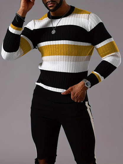 Men's Striped Color-Block Ribbed Knit Sweater - Long Sleeve Round Neck Pullover with Elastic Comfort Fit, Machine Washable Casual Fall Winter Top in Black/White/Green/Beige, Knit Sweater, Medium Elasticity