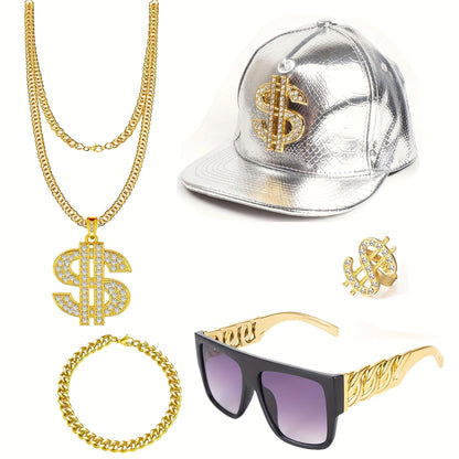 5pcs Hip Hop Costume Kit 80s 90s Rapper Accessories Set Golden Rapper Hat Baseball Cap Punk Fashion Glasses Golden Dollar Sign Pendant Necklace Ring Bracelet for Men Women Carnivals, throwback party Outfit Halloween Jewelry f