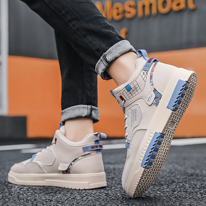 Men's Skate Shoes with Good Grip & Breathable Design - PU Upper, Cushioned PVC Sole, Black/Blue Letter Pattern Lace-Up Sneakers for All-Season Casual & Sports Wear, Allseason Shoes | Modern Casual Shoes | Comfortable Wear