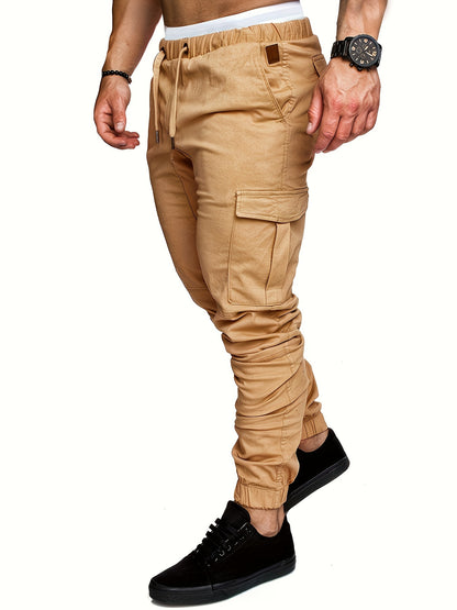 Men'S Casual Cargo Pants, 95% Cotton 5% Spandex, Skinny Fit, Solid Color, Long Length, Woven Fabric, Non-Stretch, with Pockets, 215g/m² Weight