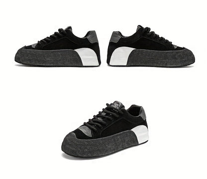Men's Lightweight Breathable Casual Sneakers - Thick Cushioned Sole, Lace-Up Low-Top Design, Durable PU & PVC Construction for All-Season Outdoor, Gym, Running & Daily Wear - Black, Outdoor Walking Shoes, Chunky Sole, Comfort