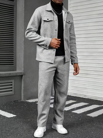 Men'S Two-Piece Casual Outfit - Black Button-Up Shirt & Pants, Long Sleeve, Loose Fit, Non-Stretch Fabric, Perfect for Spring/Fall, Casual Attire|Relaxed Fit|Buttonup Shirt