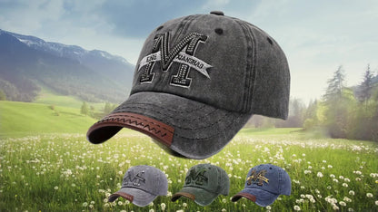 1pc Vintage Washed Cotton Baseball Cap with Embroidered Letter "M" - Adjustable Snapback, Lightweight Sun Hat for Men & Women, Black with Brown Band, Adjustable Baseball Cap