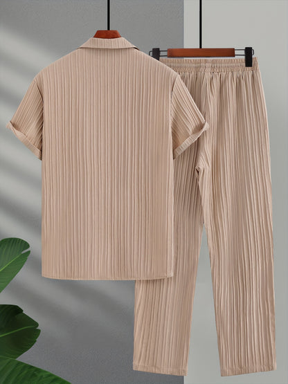 Men'S Color Block French Stripe Short Sleeve Shirt and Pants Set - Casual Button-Up Blazer with White Stripes, Dark Green Pants, Regular Fit for Casual Attire, Versatile Menswear | French Stripe Design | Nonstretch Fabric