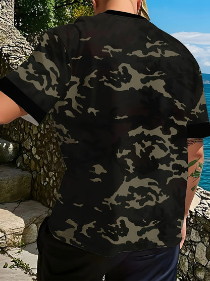 Men'S Camo Print T-Shirt - Short Sleeve, Regular Fit, Casual Style with Skull & Floral Design, Black with Brown/Beige Camouflage Pattern, Perfect for Casual Attire, Everyday Tshirt | Camo Print Tee | Stretchable Fabric