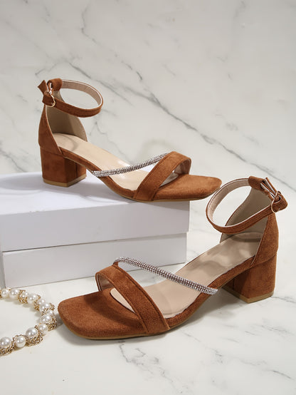 Women'S Fashionable Strappy Block Heel Sandals - Beige, Square Toe, Buckle Closure, All-Season Wear, Synthetic Faux Leather Upper & Insole, Stylish High Heel Sandals|Square Toe Sandals|Buckle Closure Sandals