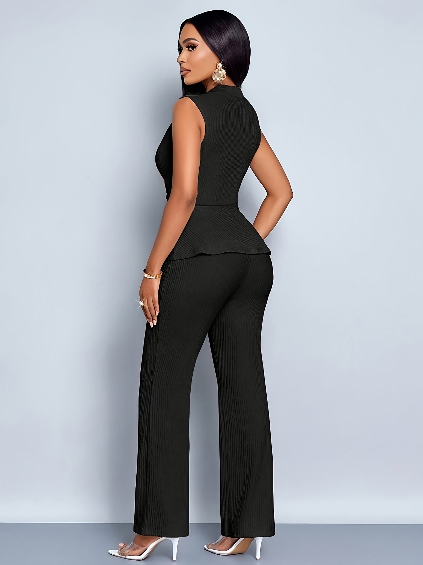 Elegant Women'S Two-Piece Set, Sleeveless V-Neck Top & Wide-Leg Pants, Solid Color, Asymmetrical Design, All-Season Casual Wear, Casual Attire | Asymmetrical Top | Wideleg Pants