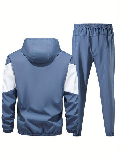 Men's Casual 2-Piece Outfit, Stylish Color Block Zip Up Hooded Jacket, Breathable Solid Color Drawstring Pants