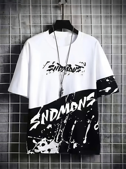 Men's 3D Digital Print Color Block Crew Neck T-Shirt - "sndmns" Graphic Design, Casual & Sporty Short Sleeve Tee for Summer Outings, Machine Washable, Casual Sportswear | Dynamic Print Tee | Durable Fabric