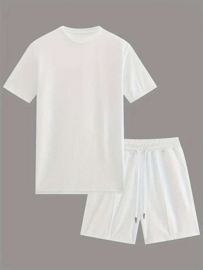 European and American Style Men's Basic Solid Color Set Round Neck Short Sleeve T-Shirt + Shorts Two-Piece Suit