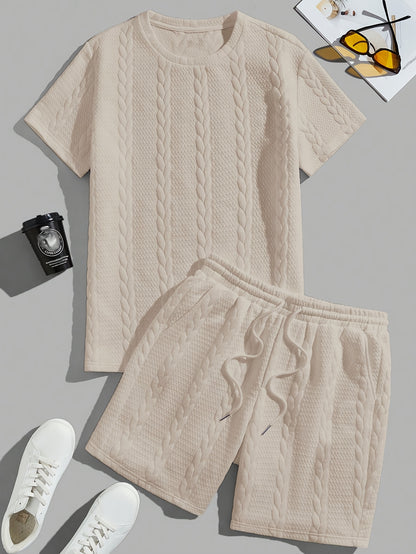 Men'S Casual Short Sleeve T-Shirt and Shorts Set - Knit, Light Gray, Two-Piece, All-Season Comfort, Drawstring Waist, Casual Style, Allseason Comfortwear | Casual Style Set | Knit Texture, Thick