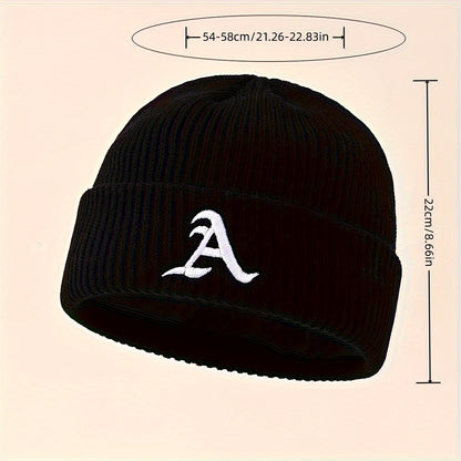1pc Unisex Classic Brimless Hat With Adjustable Rolled Cuff, Simple Letter Pattern Knitted Hat, Suitable For Winter Daily Wear