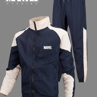 Marvel Men'S Outdoor Sports Set, Full Set with Long Sleeve Jacket and Elastic Waist Pants, Marvel Letter Print, Basic Training Suit, Breathable Fabric, Suitable for Sports, Fitness, Casual Wear