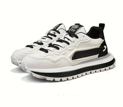 Men's Breathable Casual Sneakers - Trendy Low-Top Lace-Up Sneakers with Soft Rubber Sole, White & Black Design for Spring/Summer, Perfect for Running and Casual Attire, Versatile Running Footwear | Sporty Aesthetic Shoes | Co