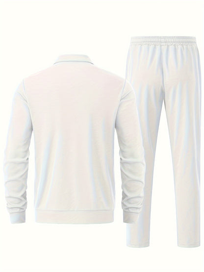 Men's Solid Waffle 2pcs Athletic Outfits, Zip-up Jacket & Pants co ord set for Outdoor Sports