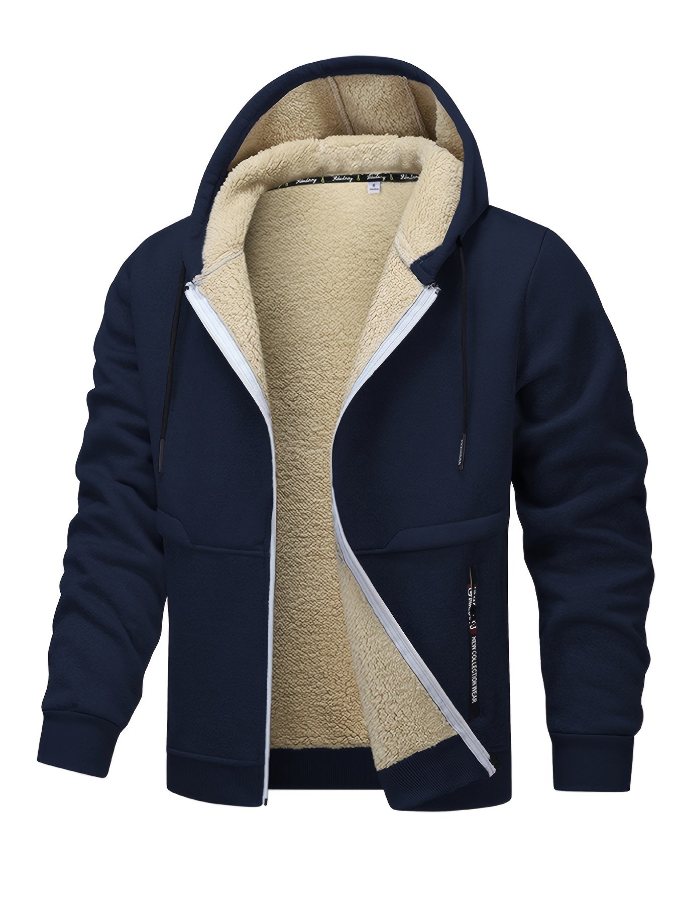 1pc Men'S Casual Style Hooded Jacket, Thick Fleece Lined, Warm Autumn/Winter Fashion, Solid Color, Polyester Knit with Pockets, Regular Fit