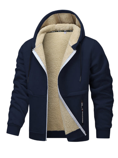 1pc Men'S Casual Style Hooded Jacket, Thick Fleece Lined, Warm Autumn/Winter Fashion, Solid Color, Polyester Knit with Pockets, Regular Fit