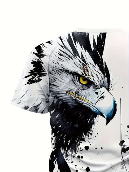 Men'S Graphic Design Round-Neck Sports T-Shirt Featuring an Ink Wash Eagle Print, Suitable for Casual Wear, Gym Workouts, And Running During The Summer.