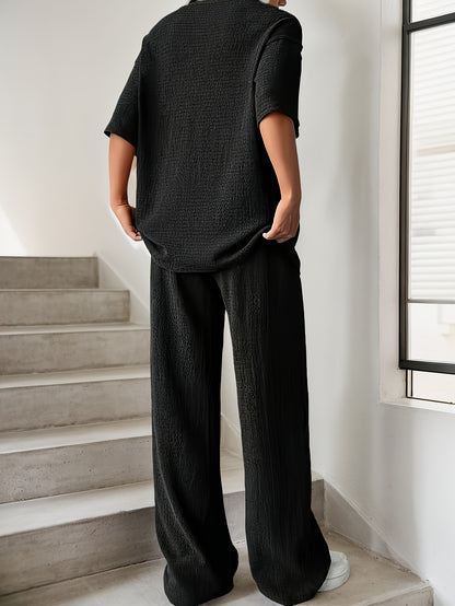 Women'S Elegant Solid Color Crew Neck T-Shirt and Pants Set, Polyester Knit Fabric, 95% Polyester 5% Elastane, Casual Drop Shoulder Outfit for Spring/Summer, 170g/m²