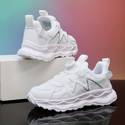 Youngsters' Breathable Athletic Sneakers with Rotating Buckle Closure - White & Navy Blue Striped Design, EVA Cushioned Sole, Low-Top Casual Shoes for Boys & Girls, All-Season Comfort, Youngsters Sneakers, Youngsters'S Footwe