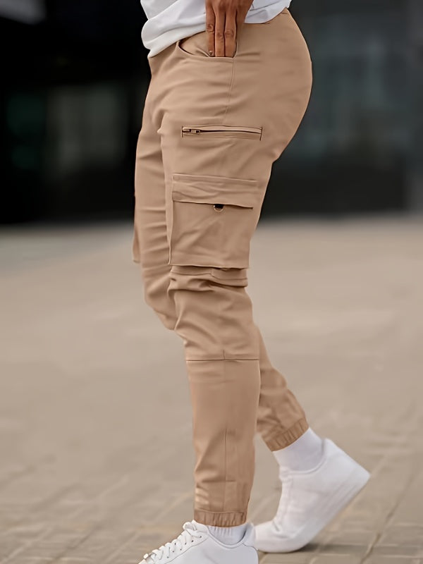 Men's Solid Color Multi-pocket Cargo Pants With Drawstrings, Casual Stylish Sports Trousers As Gift