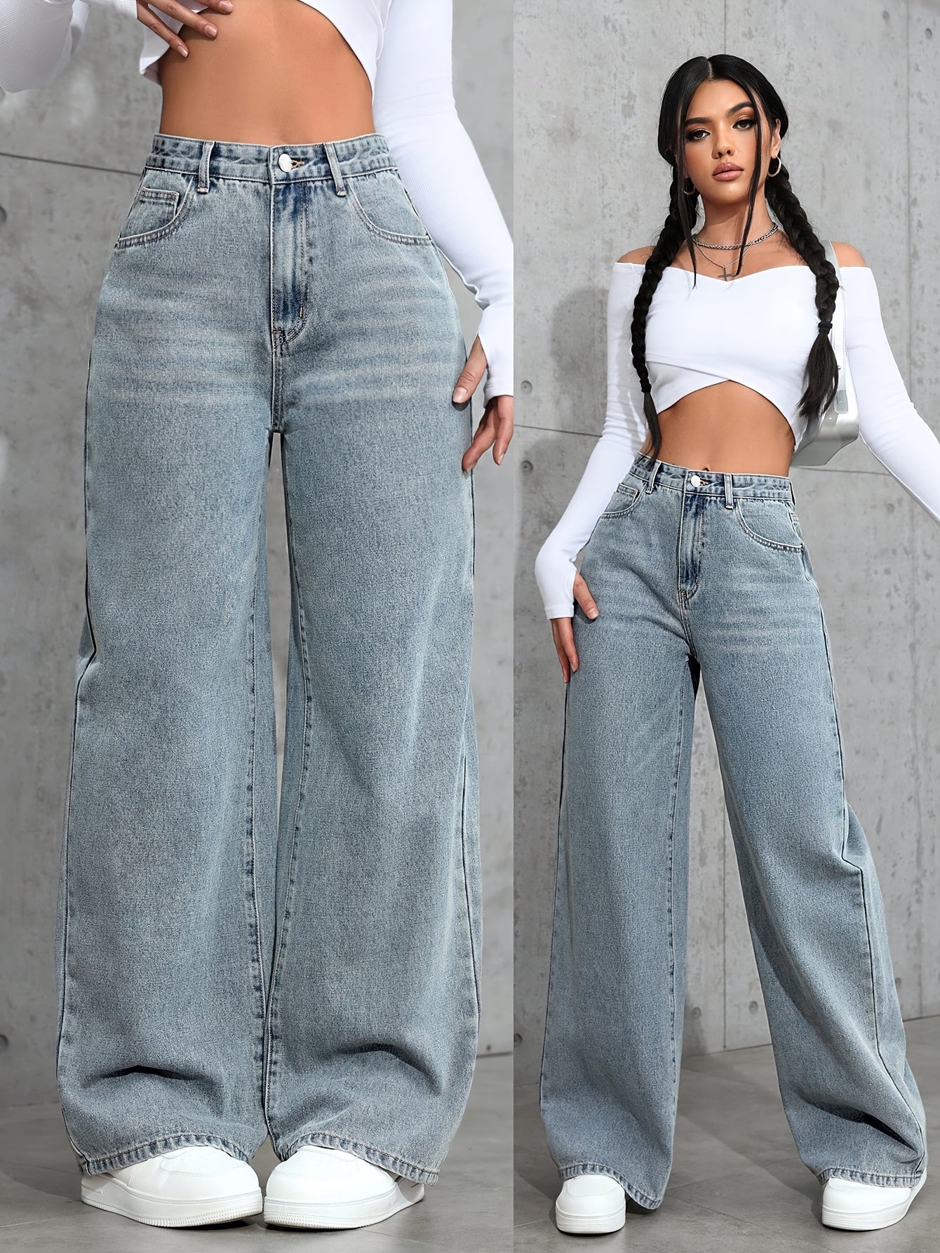 Women's Fashion Wide Leg Jeans, Casual High-Waisted Denim Pants with Pockets, All-Season Solid Color, Comfortable Slimming Design, 54.10% 35.10% Polyester 9.50% Viscose 1.30% Elastane