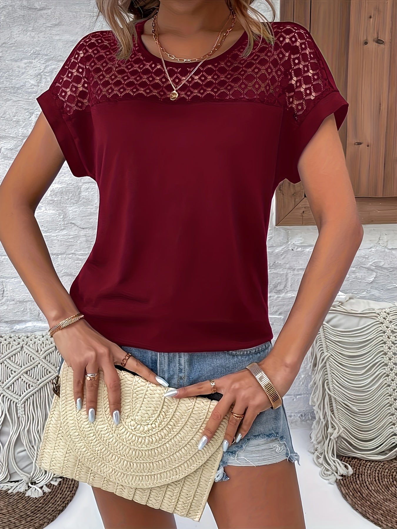 Women'S Chic Lace Trim Round Neck Short Sleeve T-Shirt - Loose Fit, Breathable Summer Top with Contrast Lace Detail, White, Casual Wear, Casual Summer Top | Lace Trim Top | Delicate Lace Detail