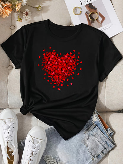 A Stylish Women'S T-Shirt Featuring a Unique Red Heart Design, Perfect for Valentine'S Day, with Short Sleeves And a Casual Round Neck, Suitable for Spring And Summer Wear.