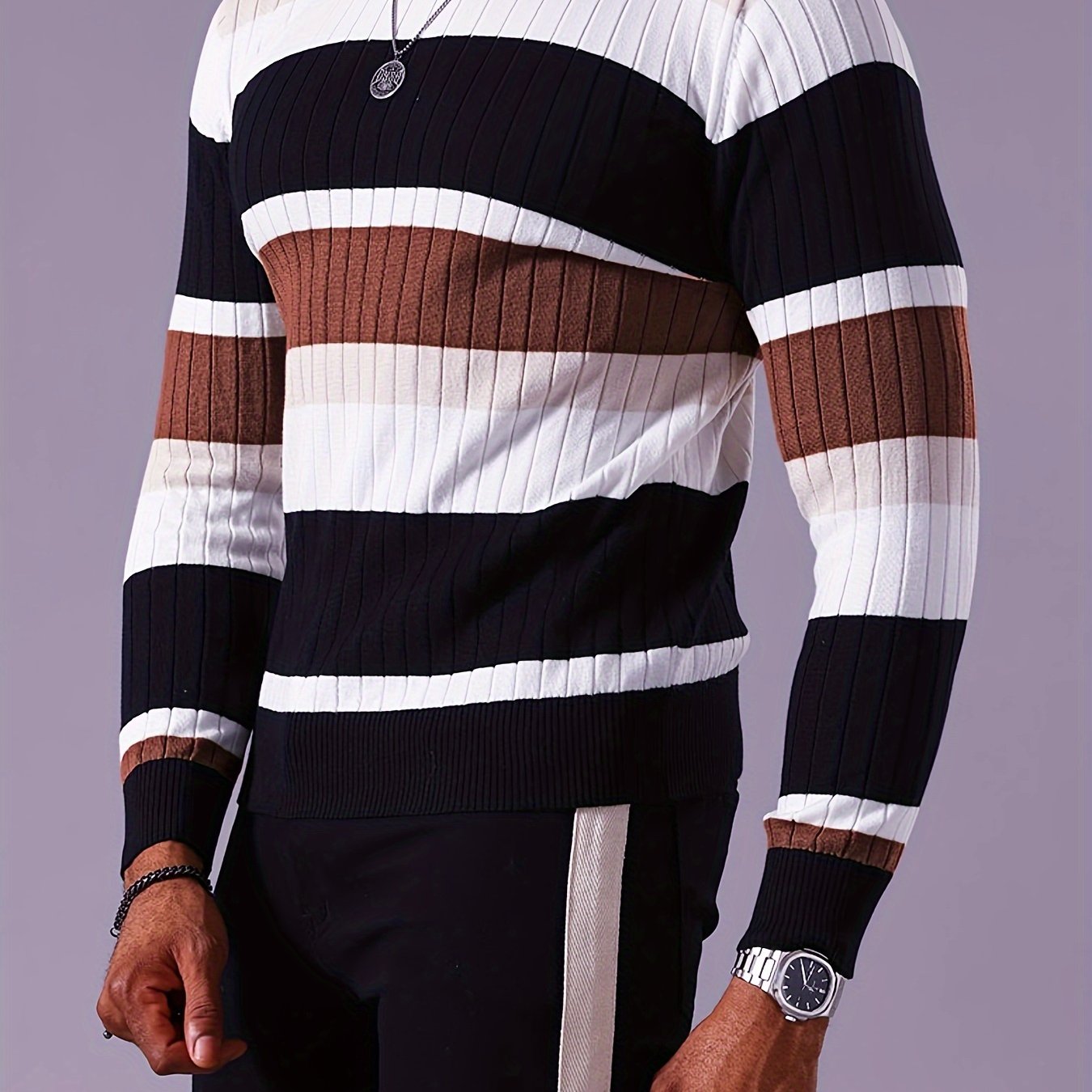 Men's Striped Color-Block Ribbed Knit Sweater - Long Sleeve Round Neck Pullover with Elastic Comfort Fit, Machine Washable Casual Fall Winter Top in Black/White/Green/Beige, Knit Sweater, Medium Elasticity
