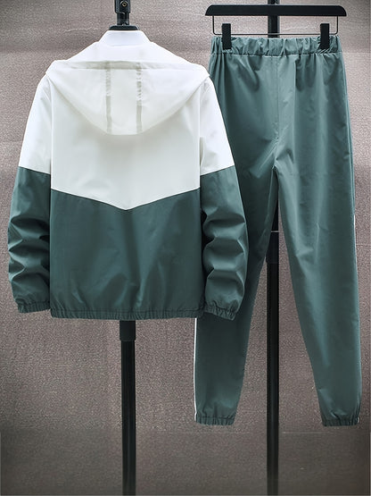 Men'S Casual Color Block Hoodie and Jogger Set, Long Sleeve, Regular Fit with Pockets, Suitable for Autumn and Winter