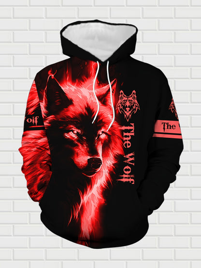 Men'S Wolf Print Hooded Sweatshirt and Joggers Set, Casual Polyester Knit Fabric, Slight Stretch, Regular Fit, Comfortable Long Sleeve Pullover for Spring/Fall, Weekend Casual Wear