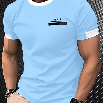 Men'S Paris Graphic T-Shirt - Green Polyester Crew Neck Tee with White Stripes & Print - Casual Sporty Knit Top for Casual Attire, Breathable Fabric
