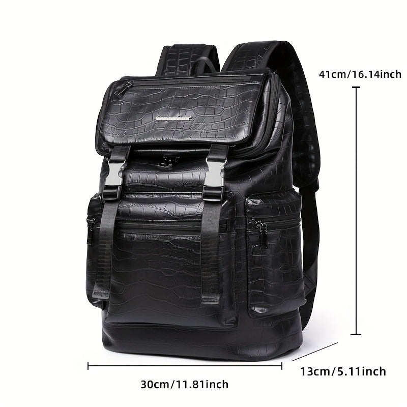 Unisex Backpack with Crocodile Texture, Large Capacity, Anti-Theft, Multi-Compartment, Fits 14-inch Laptop, Casual Travel & Business Commute, Minimalist Style, No Battery - Black