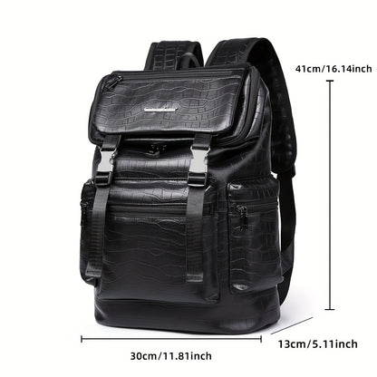 Unisex Backpack with Crocodile Texture, Large Capacity, Anti-Theft, Multi-Compartment, Fits 14-inch Laptop, Casual Travel & Business Commute, Minimalist Style, No Battery - Black