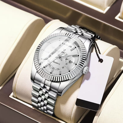 KASRLUO Men's Stainless Steel Watch with Calendar - Business Style, Quartz Movement, Round Dial, Black Faux Leather Strap, Date Display, Elegant Design for Young Professionals, Formal Accessory | Sophisticated Style | Precisi