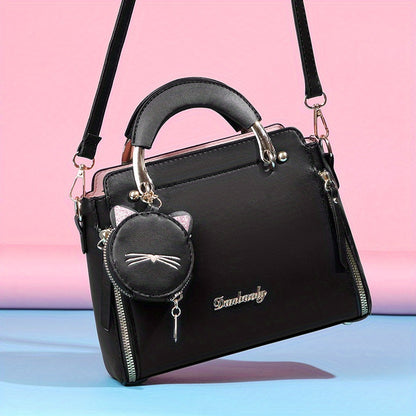 Women'S Fashion 2023 Embroidered Cat Design Messenger Bag, Removable Strap, Zipper Closure, Polyester Lined, Casual Shoulder Handbag with Edge Paint Detail