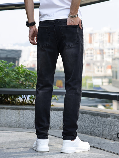 Men's Solid Skinny Cotton Blend Denim Jeans, All Seasons Wearable Medium Stretch Washed Jeans, Suitable For Daily And Outing Wear