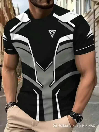 Men's Lightweight Summer T-Shirt - Black/White Print Tee with Modern Angular Lines - Breathable Fabric for Everyday & Formal Outfits - Casual Crewneck Shirt for Hot Weather, Summer T Shirts, Stylish Streetwear, Nontransparent