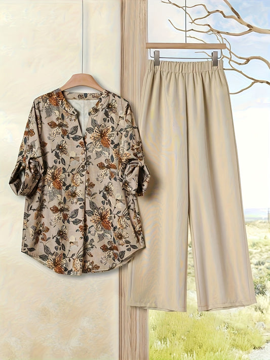 Elegant Floral Print Blouse & High-Waisted Pants Set - Chic Green & White Floral Top with Ruffled Sleeves, Button-Front Design, and Wide-Leg Pants for Spring/Summer, Spring Summer Outfit | Floral Print Blouse | Buttonfront Bl