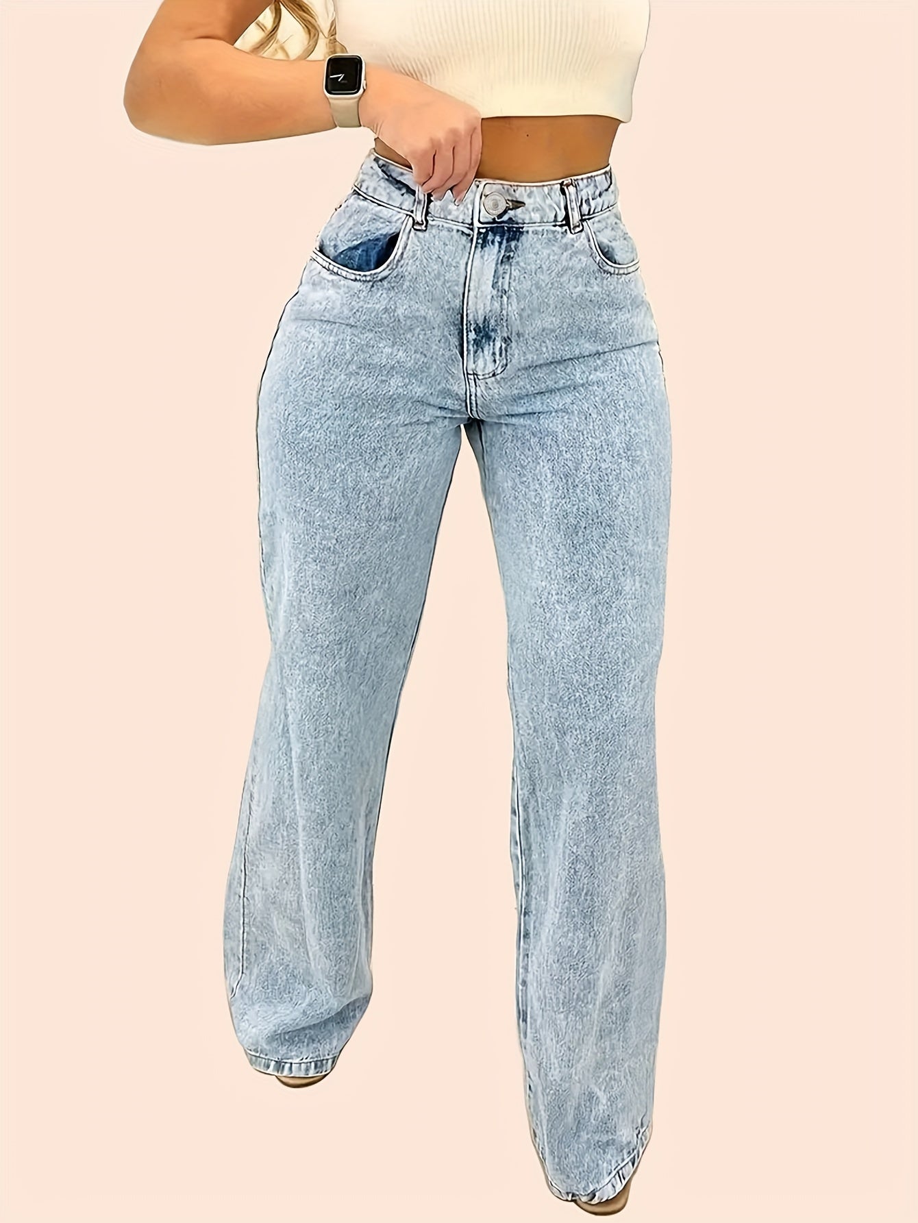 Women's High-Waist Straight-Leg Jeans - Casual Light Blue Denim with Raw Hem, Slash Pockets, and Button Closure, Machine Washable