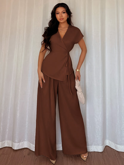 Stylish Women's Elegant Comfortable Solid Color Top and Loose Wide-Leg Pants Two-Piece Set, Suitable for Outings, Dates, Vacation