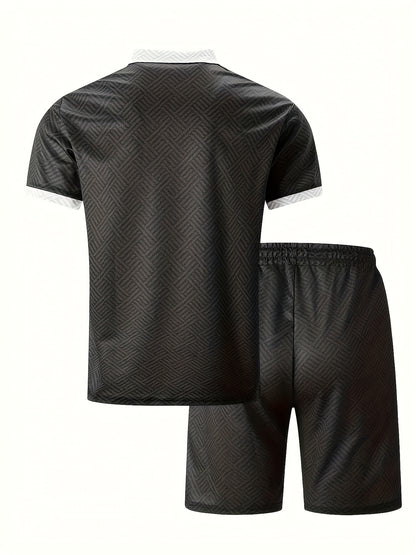 Men'S Tropical Print Casual Suit - Black Short Sleeve Zipper Shirt with White Pockets Shorts, Polyester, Machine Washable, Summer Beachwear, Summer Wear | Relaxed Fit Shirt | Woven Texture