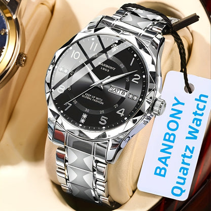 1 New BANBONY Brand Unisex Stainless Steel Quartz Watch with HD Scratch-Resistant Rhinestone-Embellished Simple Digital Round Dial, Luminous Display Date Calendar Battery-Powered Multifunctional Fully Automatic Wristwatch for