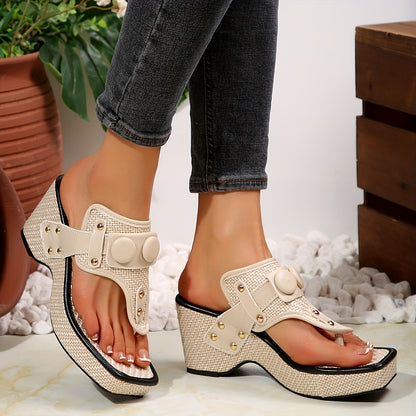 Women's Thick Platform Wedge Sandals with Metallic Studs - Slip-On Square Toe Breathable Fabric Upper & Cushioned Rubber Sole for Casual Comfort, Comfortable Footwear, Chic Shoe Design, Durable Traction Footwear